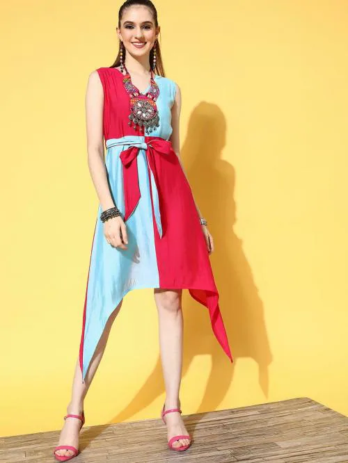 Yufta Women Pink And Blue ColorBlock Fit and Flare Dress