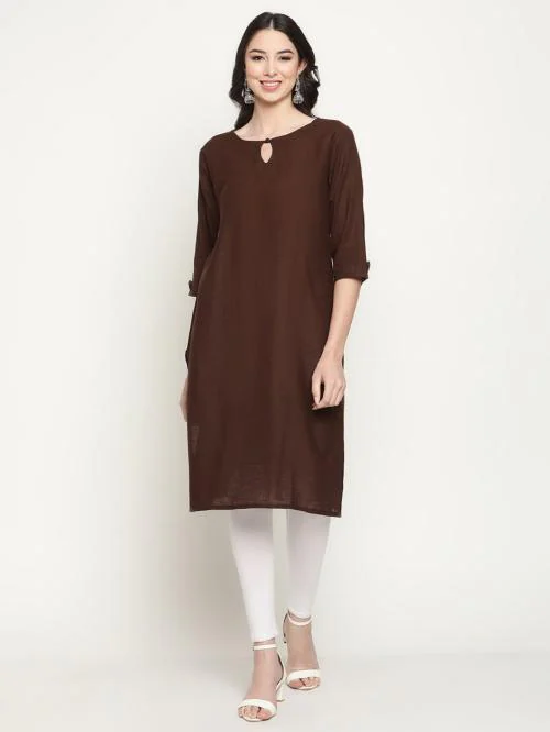 Queenley Women's Brown Cotton Straight Knee Length Kurti