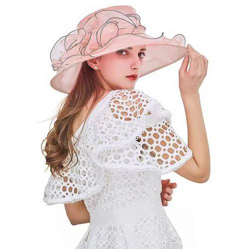 Palay Fascinator Hat For Women Organza Ladies Cocktail Tea Party Top Hat Elegant Church Wedding Bridal Flower Hat For Events, Banquet, Travel Wide Brim Sun Hat (Pink)