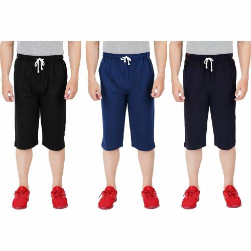 Feel Track Hundred PERCENT Cotton Men Multicolor Solid Pack Of 3 Three Fourths Short (Xl)