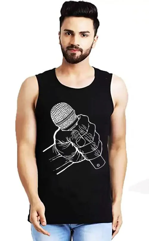 THALASI Stylish Cotton Printed Vest for Men - Printed Gym Vest/Sando for men- Black Vest(Small)
