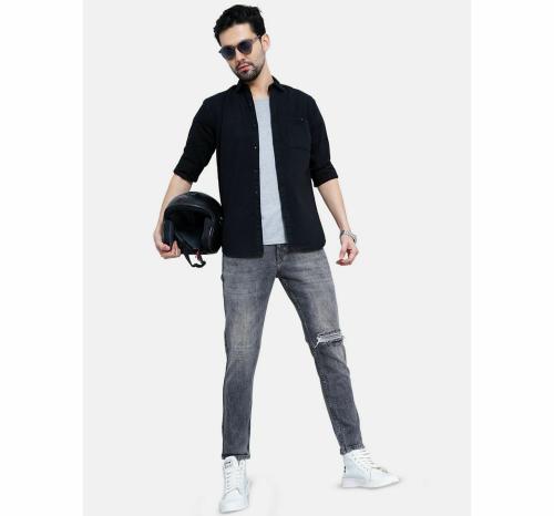 CAMISA 100% Cotton Drill Fabric with Back Printed Shirt | Slim Fit Casual Shirts | Colour Black | Size XL