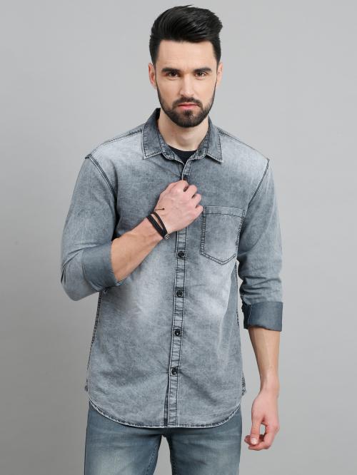 Regrowth Men Grey Shades Denim Casual Full Sleeves Shirt