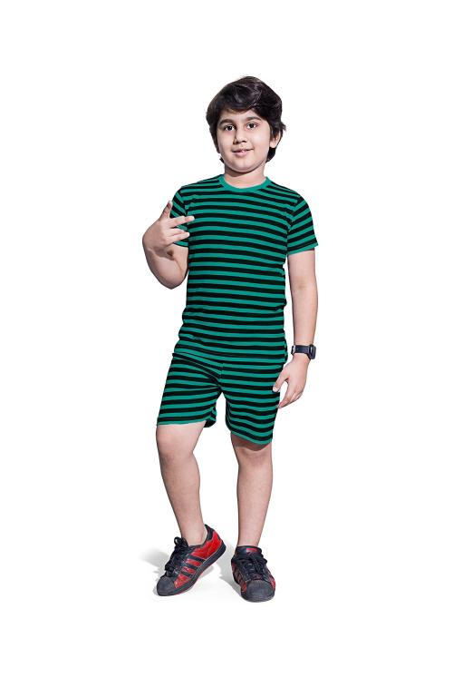 Pepp N Hagg Boys Green All Over Striped Printed 100 Percent Cotton T-Shirt And Shorts Set (4 Years-5 Years)