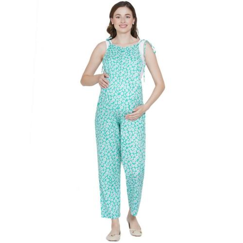 Mine4Nine Women's Maternity Floral Print Green Rayon Dungaree