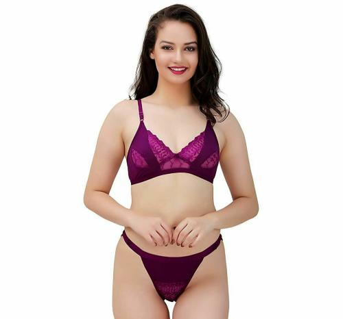 U-LIGHT APPARELS Women Purple Solid Cotton Blend Lingerie Set 28