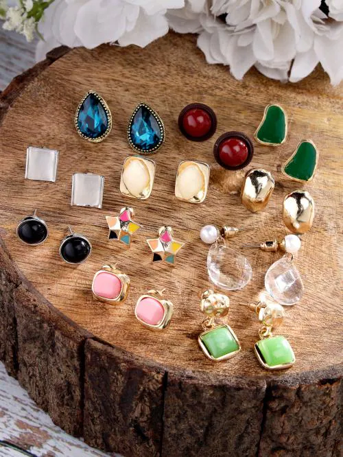 Scintillare by Sukkhi Eye-Catchy Gold Plated Multicolor Crystals Stones Geometric Studs Combo Earring for Women & Girls | Stylish Fashion|11 Pair of Combo Set|CBE106566