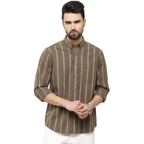 CAVALLO By Linen Club Men's Cotton Linen Natural / Brown Striped Slim Fit Full Sleeve Casual Shirt