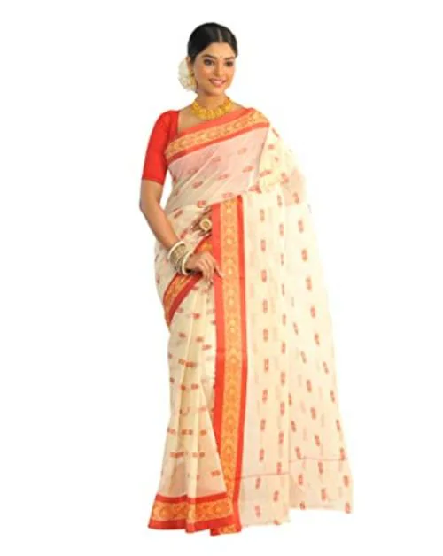 Raj Saree House Women's Traditional Pure Cotton Bengali Handloom Tant Saree (Without Blouse Piece) - Off White and Red