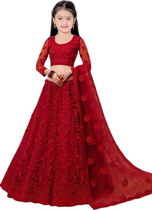 FLENSIRA Girls Red Embroidered Net Lehenga With Choli And Dupatta Set (11-12 Years)