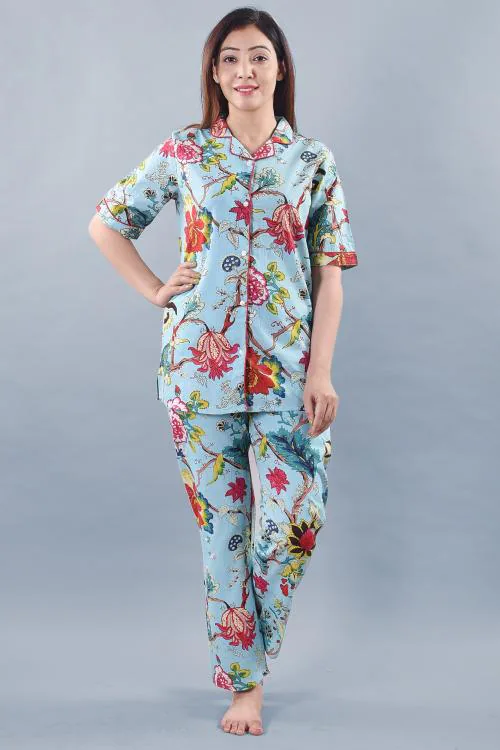 Indiwest Blue Floral Printed Cotton Night Suit