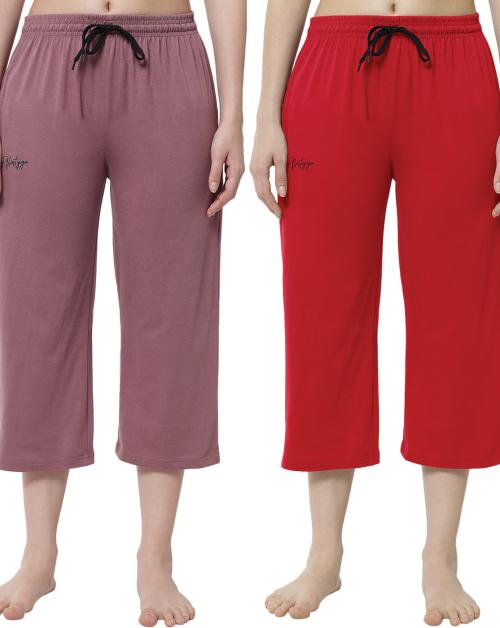 Fflirtygo Solid Capri for Women.Night Pyjamas for Women.Night Dress One Side Pocket with Adjustable Drawstring 3/4 Pyjama.Capri Combo Pack of 2Pcs for Ladies Cotton