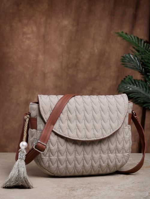 Anekaant Uno Beige & Tan Chevron Quilted Polyester Sling Bag