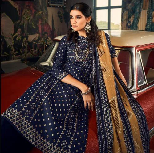 THE JAZZBAAT Women's Unstitched Bandhani Print Pure Woolen Pashmina Winter Wear Dress Material With Pashmina Printed Shawl Dupatta | Dress Material For Women | Unstitched Kurta Set (Blue)