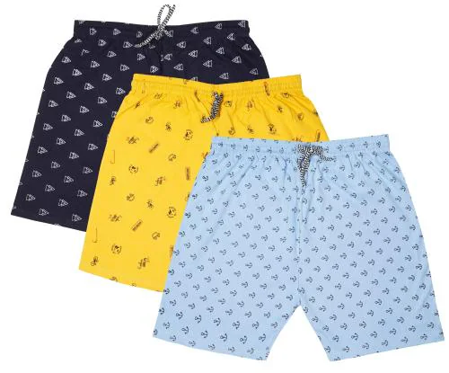 Fasla Boys Multicolor Printed Cotton Linen Blend Pack of 3 Shorts