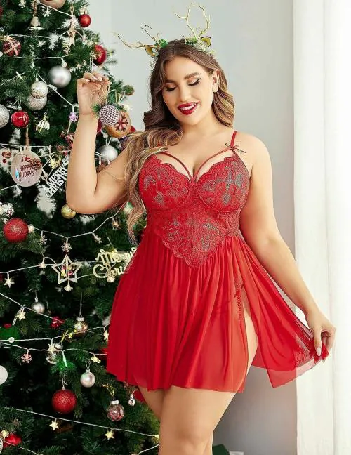 FASHION BONES Women's Plus Size Lingerie Set For Women | Babydoll Dress Lace Strap Chemise Nightgown V Neck Nighty Mesh Sleepwear Side Slit Nightdress with G-Sting Panty | Baby Doll Dress (Red) (XXL)