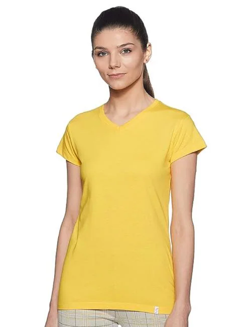 Softline Yellow Solid 100% Cotton V Neck T-shirt