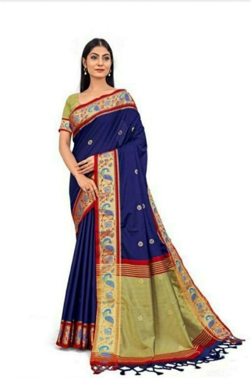 S S Woven Paithani Blue Cotton Silk Saree With Blouse Pic