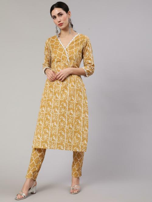 Mustard & White Printed Lurex Design Straight Kurta With Pant Set