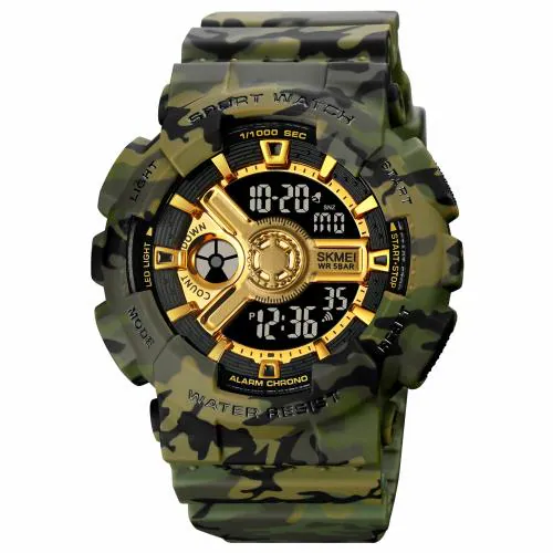 SKMEI Men's Digital Sports Watch, LED Square Large Face Analog Quartz Wrist Watch with Multi-Time Zone Waterproof Stopwatch - 1828
