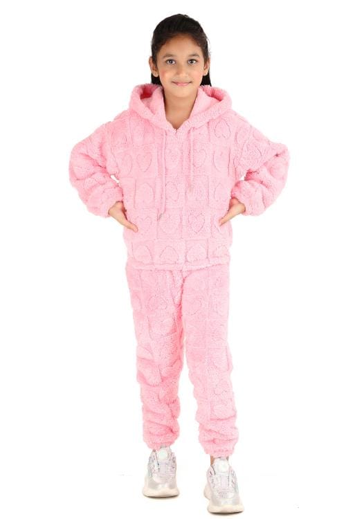 SMSHOPMORE Girls Super Soft Fur Fabric Track Suit, Comfortable and Relaxed Fit, Full Sleeve Hooded and Straight Fit Bottom Trouser for Winters | Sleepwear, Loungewear, Home wear, Casual wear Co-ord Set (Heart Shape)