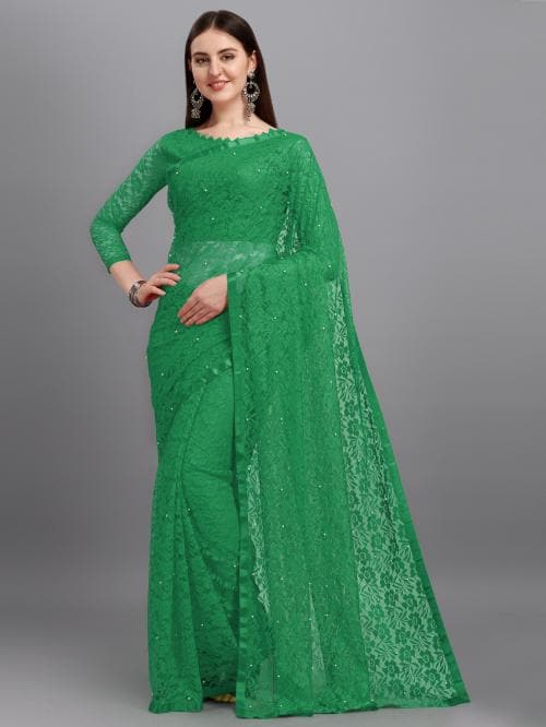 LOROFY Women Green Net Saree