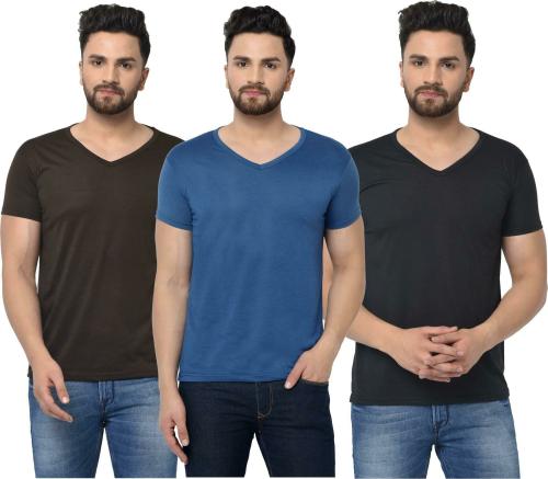 Bribzy Men Brown, Airforce and Black Solid Cotton Blend V Neck T-Shirts (XL) -Pack of 3