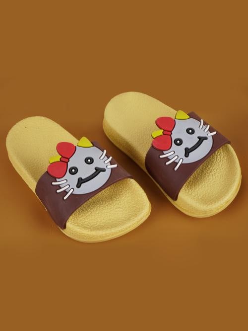 Dchica Brown & Beige Stylish Sliders With Cat Applique For kids - 1 Pair