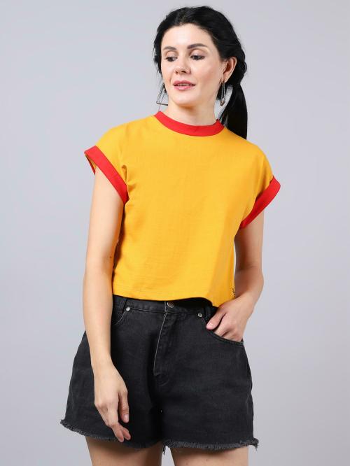 Buy FBAR Women Red, Gold Self Design Cotton Silk Boxy Top (S) Online at