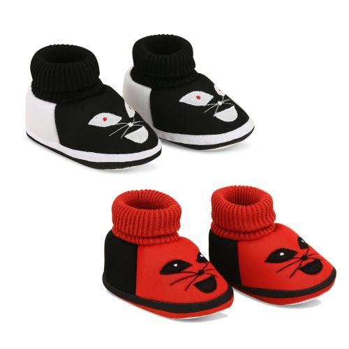 ADORED FASHION Newborn Baby Shoes Booties, Pack of 2 Baby Socks Shoes for 3-6 Months Baby Boys/Girls Color-Black & Red