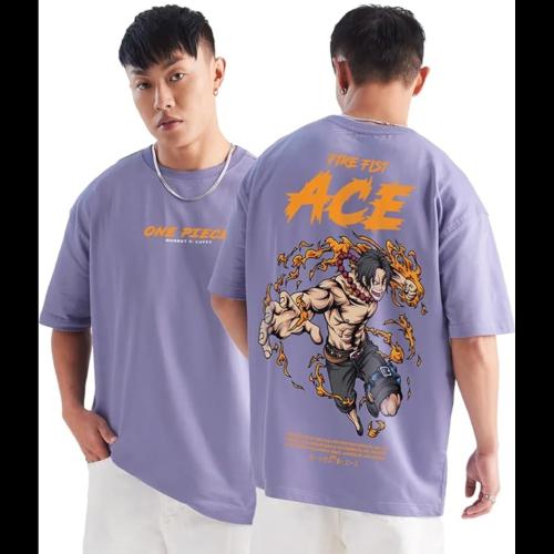 Darkbuck Anime One Piece Ace Monkey D Luffy Oversized Lavander T Shirt for Men and Women Drop Shoulder Loose Baggy Fit Unisex