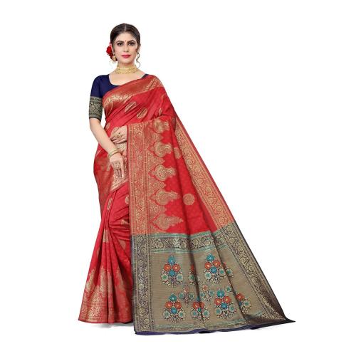 Fab99 Red Jaquard Silk Embellished Saree