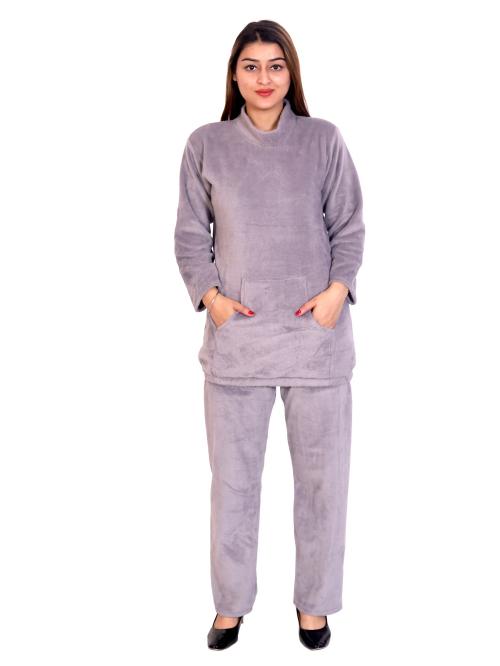NACNO Women's-Girl's Woolen/Winter Super Soft Top & Pajama Set/Night Suit/Set Silver