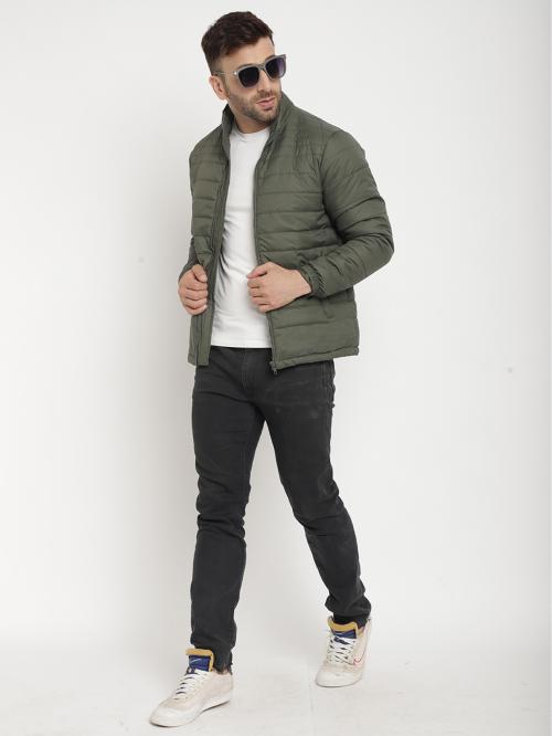 Better Think Men Green Self Design Nylon Quilted Jacket (L)