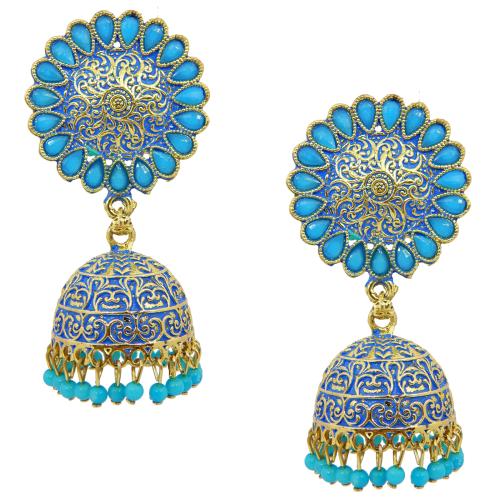 Fresh Vibes Golden Big Size Sky Blue Colour Traditional Jhumka Earrings for Women - Fancy & Stylish Wedding Use Heavy Ethnic Long Jhumki Earrings for Girls