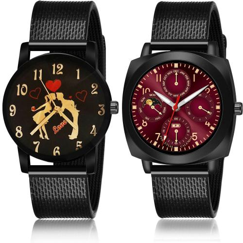 GROOT Contemporary Designer Love Proposal Couple Valentine Black Colour Analog Metal And Plastic Belt 2 Watch Combo For Boys And Men - BCPL27-(12-S-10)