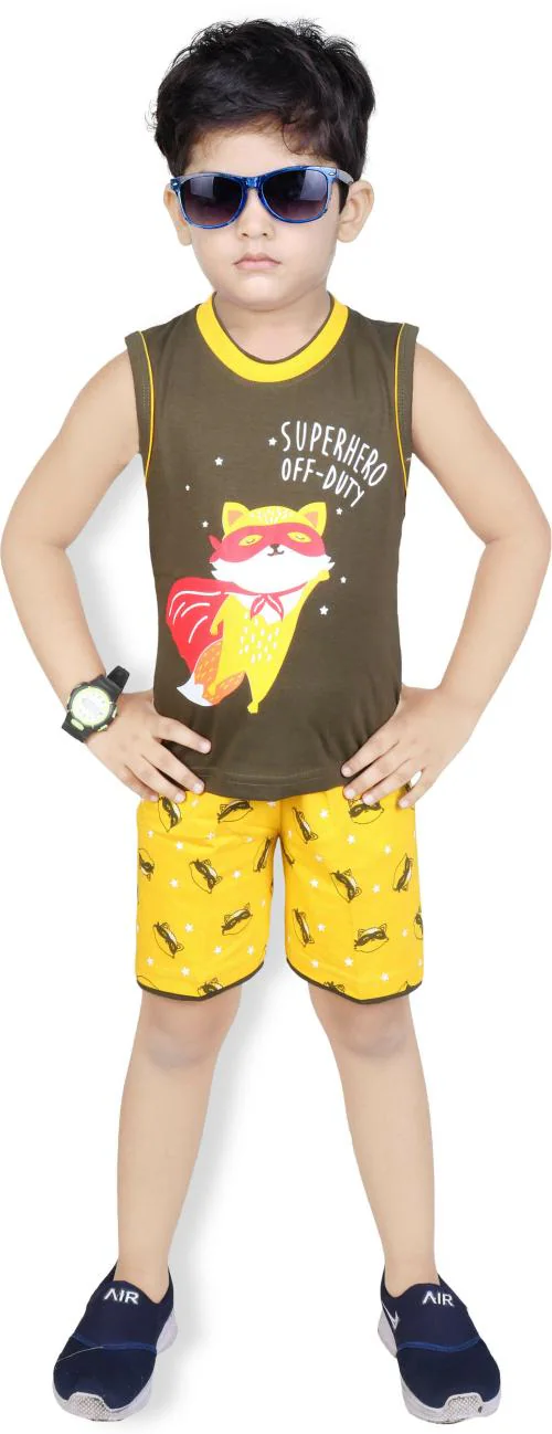 Crazy Toonz Boy Orange Solid, Graphic Print Pure Cotton T-Shirt And Shorts Set | Kids Wear| Sets| Boys Fashion