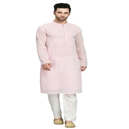MAFE Men's Georgette Chikankari Kurta With Pant For Elegant Traditional Wear (Pink) - XX-Large