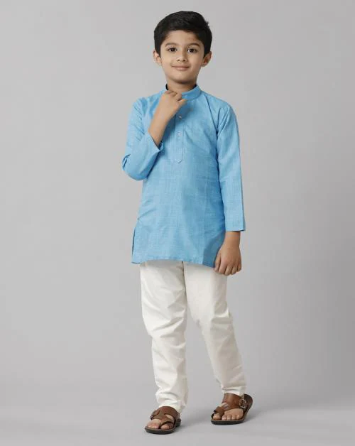 Ramraj Cotton Boys Blue Kurta with Cream Pyjama Set