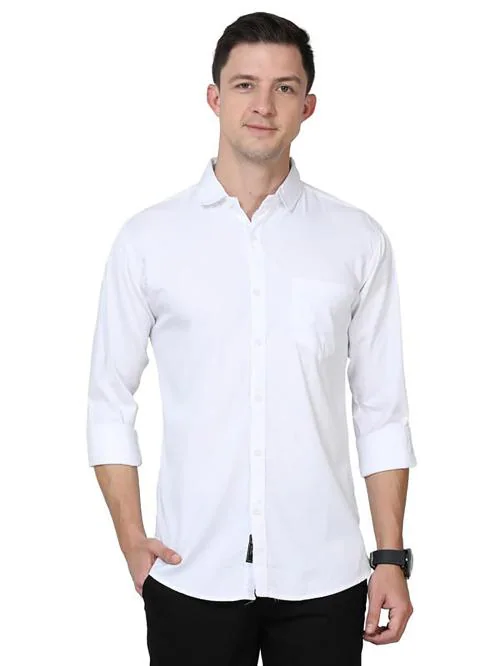 Scnc Men's Cotton Full Sleeve Solid Slim Fit Casual White Mandarin Collar Shirt