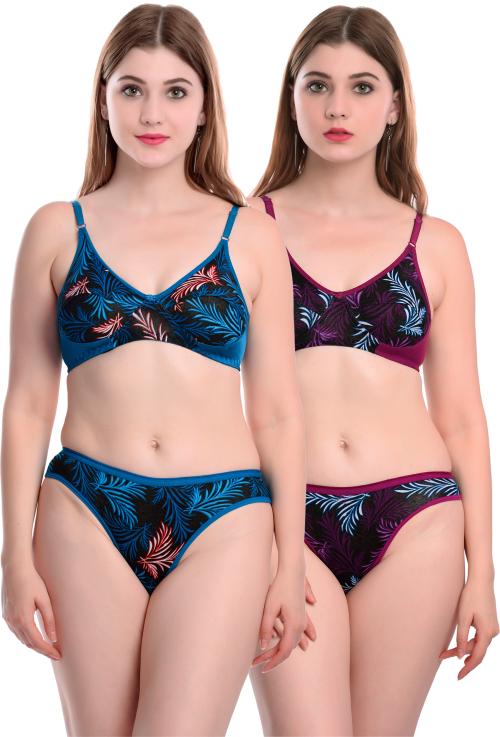 Women Cotton Bra Panty Set for Lingerie Set ( Pack of 2 ) ( Color : Blue,Maroon )