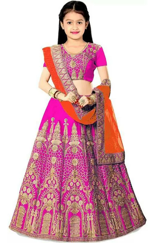 Indian Tulip Girls Pink Embroidered Satin Lehenga Choli with Dupatta