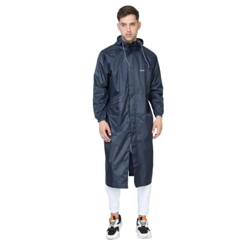 ROBOSKIN Frank Rain Coat Unisex Waterproof Long/Full Raincoat with Adjustable Hood Men's Rainwear Bundle with Top and Storage Bag (Free size, Grey Blue)