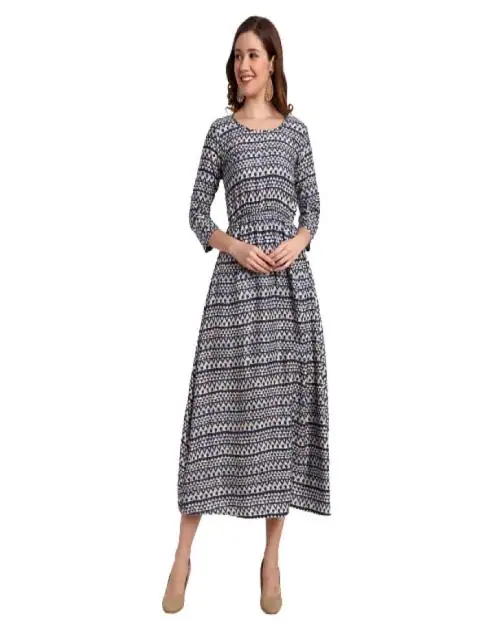 R V Finery Women's Crepe Round Neck One Piece For Western Party Wear (Dark Blue); Size: Medium - 015