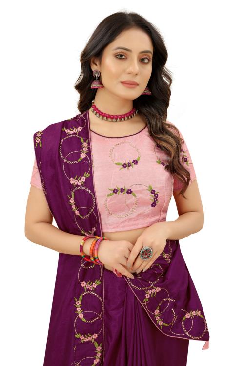 sadika women's solid plain fashion wine magenta embroidery lace work silk blend saree