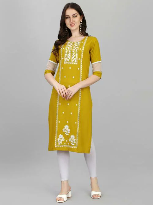 Pinpoint Seller Women Yellow Embroidered Viscose A Line Kurta (M)