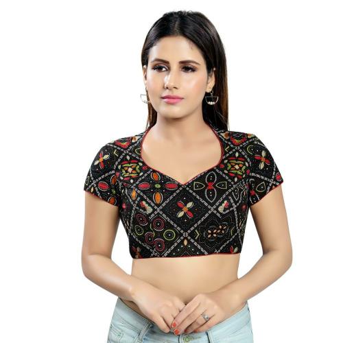 Salwar Studio Women's Black Cotton Blend Printed Readymade Saree Blouse