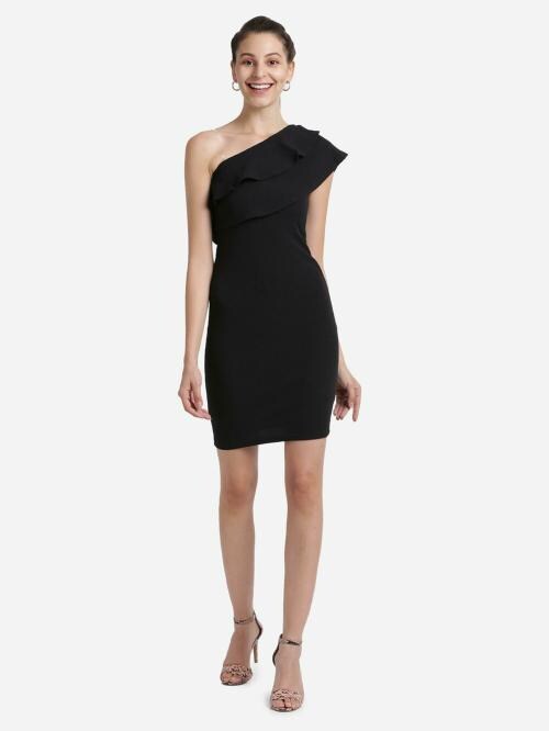 Women Black Solid Polyester Dress (M)