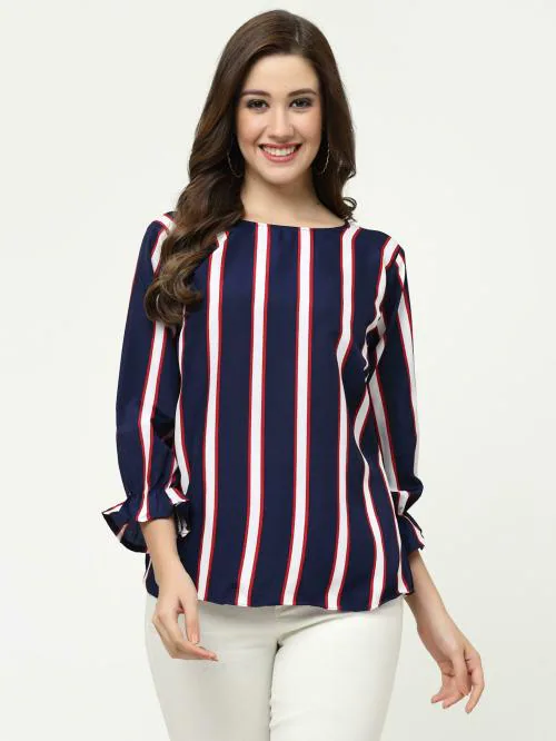 MISS AYSE Trendy Fancy Blue Color Crepe Round Neck Top