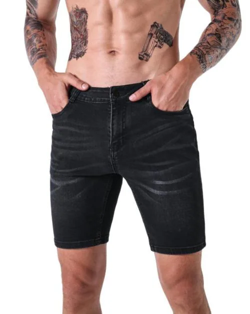 L'MONTE Imported Denim Stretchable Skinny Fit Jeans Shorts for Men Black Multi Pockets Half Pant